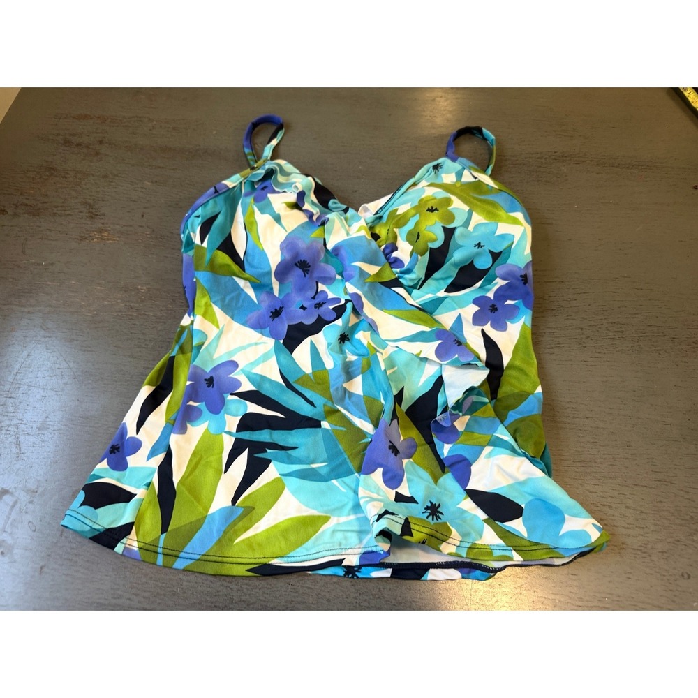 Caribbean Joe Blue Green Floral Tankini Top Ruffle V-Neck Swimwear Womens 10